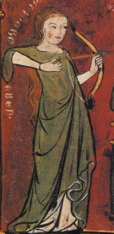 Lady Love (Minne) shoots an arrow on the Lover. Detail of a painting found on the inside a boxlid, Germany, c.1320.