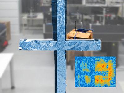 Photograph of cross made of aluminum foil between the detection antenna and the WiFi router and an insert of the resulting hologram image