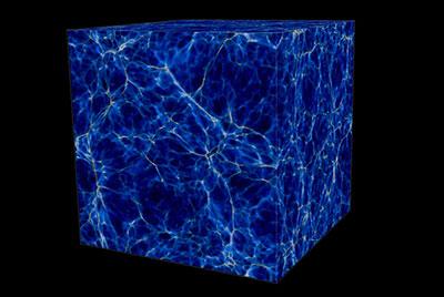 Supercomputer simulation of the cosmic web 11.5 billion years ago. The cube is 24 million light-years in length, width and depth.