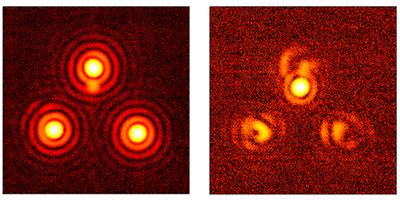 Images of light from three simulated stars before and after vortex coronagraphy