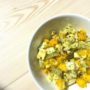 Recette Casher BIO: Salade Fenouil, Mangue au pesto de sarrasin