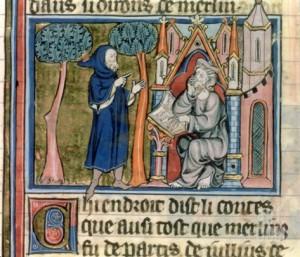 Détail de Merlin dictant ses prophéties à son scribe, Blaise; français miniature du 13e siècle de Merlin de Robert de Boron en prose (ca écrite 1200). (Manuscrit illustration, c.1300.).