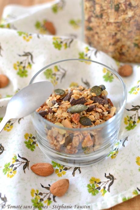 Granola sans gluten {amandes, chocolat et graines de courge} Granola sans gluten {amandes, chocolat et graines de courge}