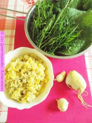 Feuilles de Bourrache farcies aux riz-quinoa-lentilles-millet-navet-roquette (Vegan)