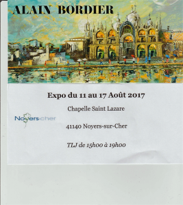 l’Art à la chapelle de Noyers sur cher -exposition  Alain Bordier  11/17 Août 2017