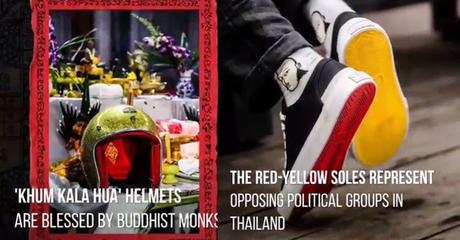 Thaïlande shopping insolite, casques sacrés et baskets pour marcher ensemble, jaunes et rouges Thaïlande shopping insolite, casques sacrés et baskets pour marcher ensemble, jaunes et rouges