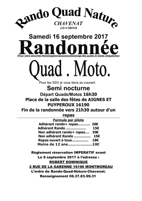 Rando Quad-moto Semi-nocturne de l'association Quad Nature Chavenat (16), le 16 septembre 2017