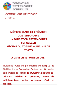 Fondation Bettencourt Schueller TOGUNA au Palais de Tokyo à partir du 16 Novembre 2017