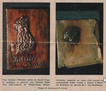 La belge Mariette Smetryns, artiste sur cuir Ci-dessus : 1ère image : une oeuvre de Modeste Huys; 2ième image: M.Smetryns avec son mari ; 3ième et 4ième : l'atelier rue d'Arenberg, Bruxelles, 5ième image: Michel-Ange et Ludwig V. Beethoven sur cuir; 6 ième image: armoiries britanniques sur ce livre d'or offert à Elisabeth 2 pour son couronnement en 1952. 7ième image: article ( Livre d'or pour Elis.II ) tiré d'un journal inconnu mais de l'époque du couronnement (courtesy: Joop Boelens, Vught, Pays-Bas)