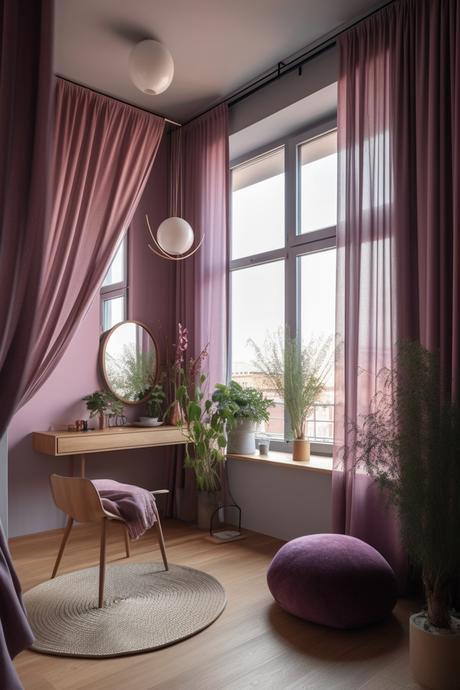 espace coiffeuse chambre ado rose bois voilage