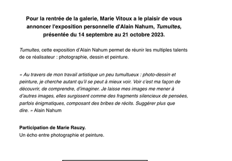 Galerie Marie Vitoux  – exposition Alain Nahum « Tumultes » à partir du 14 Septembre 2023.