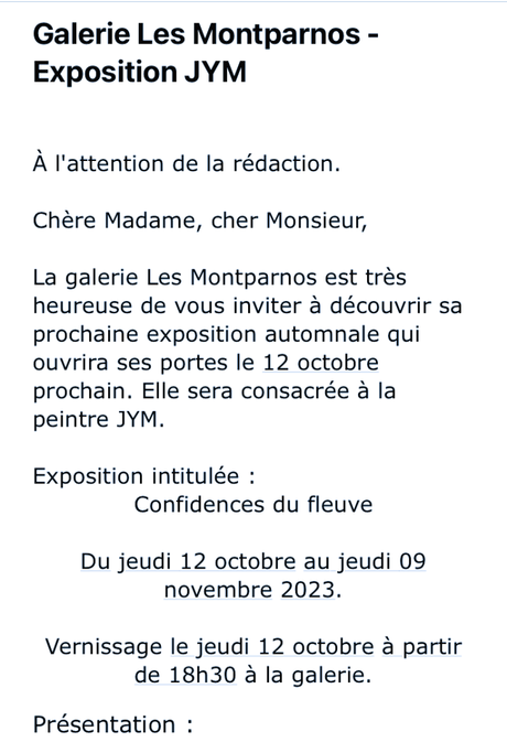Galerie Les Montparnos – exposition JYM- « Confidences du fleuve  » 12 Octobre au 9 Novembre 2023.