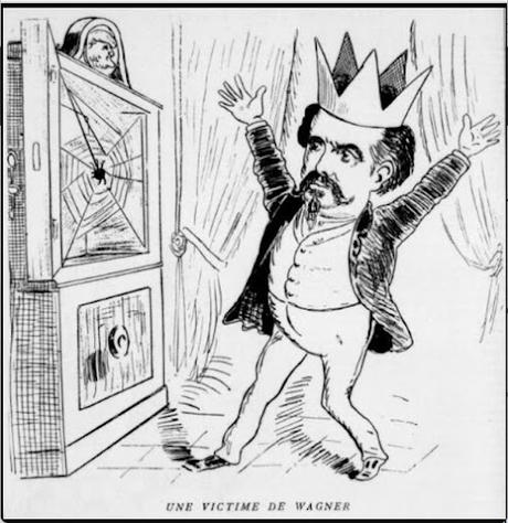 Caricature —  Le roi Louis II de Bavière, victime de Wagner. Une satire du Triboulet.