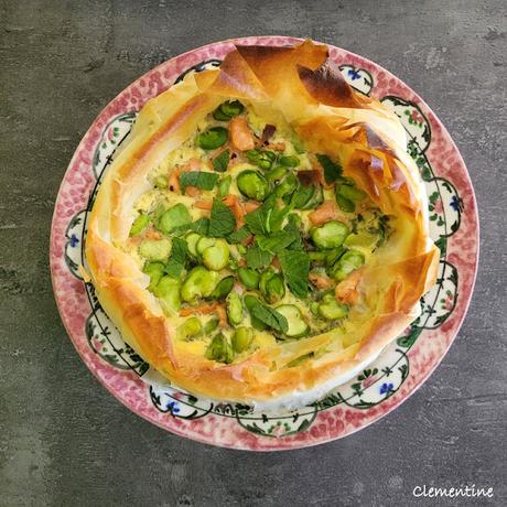 Tarte filo aux fèves et saumon
