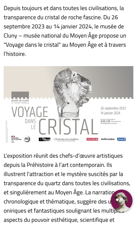 Musée de Cluny –  exposition « Voyage dans le cristal  » depuis le 26 Septembre 2023.