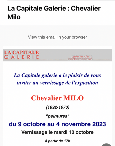 Galerie La Capitale  » exposition Chevalier Milo  » 9 Octobre au 4 Novembre 2023.