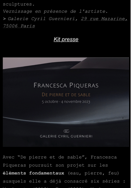 Galerie Cyril Guerniery – exposition Francesca Piqueras « De pierre et de sable  » le jeudi 5 Octobre 2023.