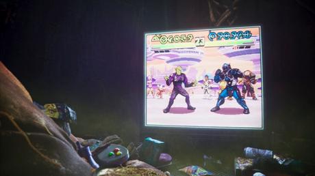 Baby Groot joue à un jeu vidéo de combat rétro sur un téléviseur dans I Am Groot