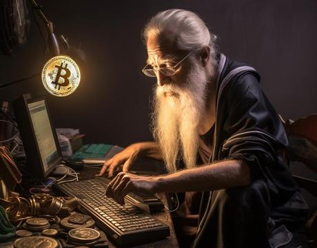 Vieil homme utilisant des crypto monnaies