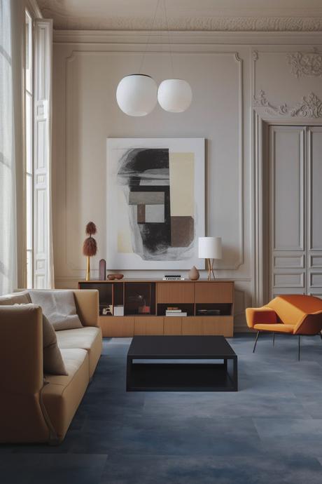 appartement parisien Haussman sol bleu aquarelle