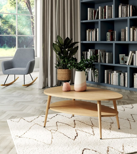 salon moderne tapis blanc noir table basse ovale bois etagere livre bleu