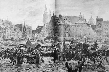 Dessin du marché de Noël de Nuremberg en 1897. Photo Public Domain via Wikimedia Commons