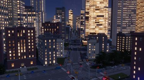 Une image tirée d'un jeu vidéo montre une ville la nuit avec des gratte-ciel illuminés
