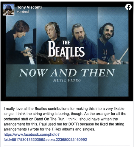 Tony Visconti aime le dernier single “sympathique” des Beatles, mais déclare : “Je pense que l’écriture des cordes est ennuyeuse… J’aurais dû écrire l’arrangement. Paul m’a utilisé pour Band on the Run parce qu’il aimait les arrangements de cordes que ...