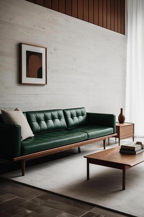 salon style 50s mid century moderne bois canapé cuir vert foncé déco