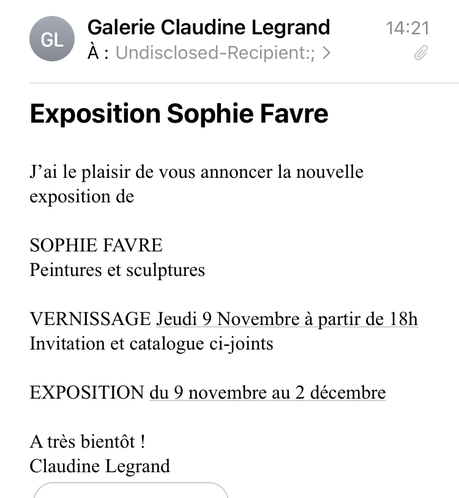 Galerie Claudine Legrand : SOPHIE FAVRE – à partir du 9 Novembre 2023.