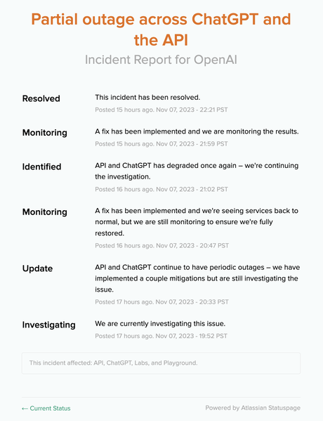 rapport d'incident openai pour la panne de l'API chatgpt du 7 novembre
