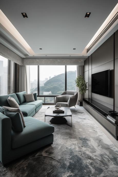 appartement décoration style Hong Kong salon taupe vert