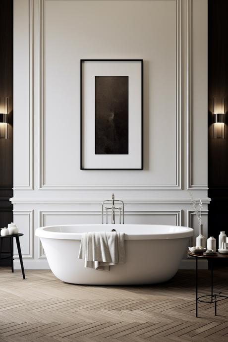 salle de bains rénovée moulures noir blanch chic