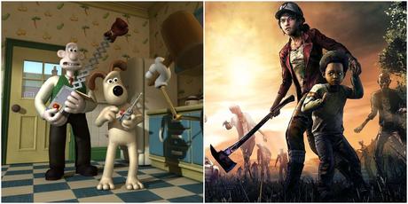 (À gauche) Wallace et Gromit recroquevillés (À droite) Clementine tenant Alvin