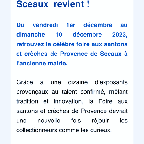 Sceaux   42e Foire aux santons et crèches de Provence.  1er au 10 décembre 2023.