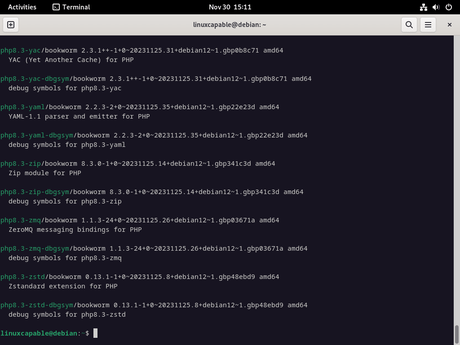 Recherche dans le terminal des packages PHP 8.3 sur Debian