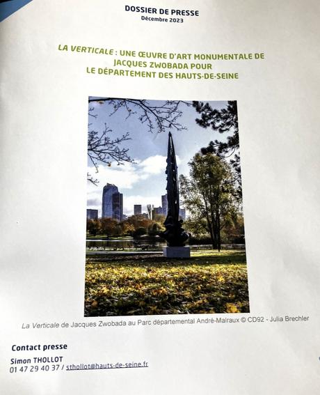 Jacques Zwobada « La verticale » Parc André Malraux à Nanterre- ce jour : le 12 Décembre 2023. Inauguration.