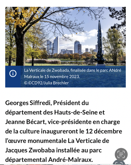 Jacques Zwobada « La verticale » Parc André Malraux à Nanterre- ce jour : le 12 Décembre 2023. Inauguration.