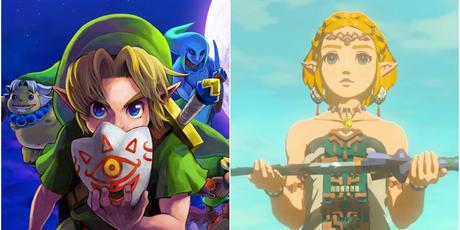 Link de Majora's Mask, le visage à moitié dissimulé par un masque de style Yiga, à côté de Zelda de Tears of the Kingdom, tenant l'épée maîtresse