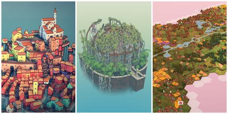 Meilleurs jeux de bac à sable minimalistes, classés (image en vedette) – Townscaper + Cloud Gardens + Dorfromantik
