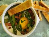 Baked eggs carbonara asperges