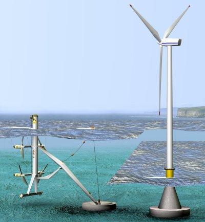 La Pentland Firth Turbine de Tidal Stream, avec 4 hélices de 20m produisant 4MW. A coté, une éolienne de la même puissance.