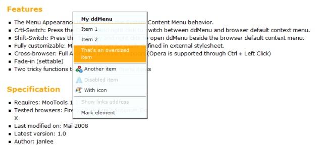 menu contextuel mootols