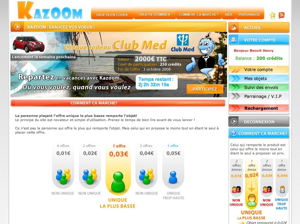 www.kazoom.fr, jeu concours via enchères unique les plus basses