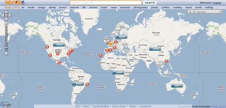 carteverve Verveearth : la dynamique de la blogosphère sur une carte
