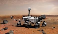 Mars Science Laboratory, image générée par ordinateur représentant la sonde, équipée, sur la surface de Mars