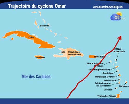 Trajectoire du Cyclone Omar - Mer des Caraïbes, Porto Rico, Îles Vierges, Antilles Françaises