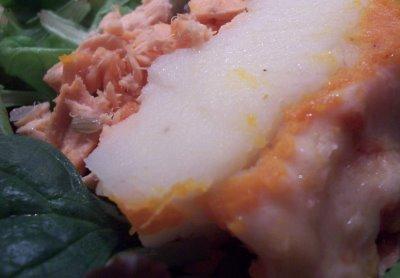 Parmentier saumon potiron, gratiné comté