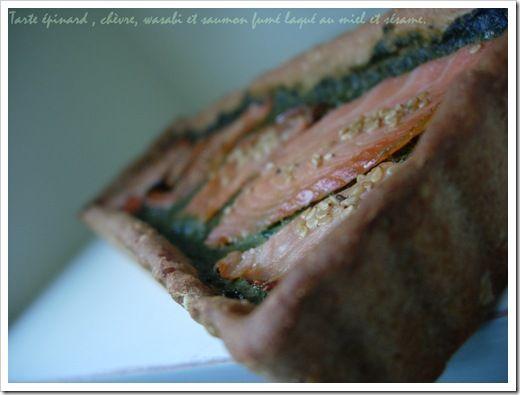 Tarte epinard , saumon laqué au miel et sesame et pointe de wasabi (5)