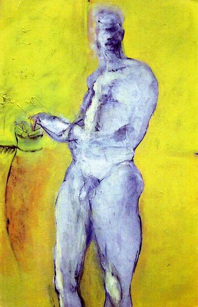 Le peintre nu sur fond jaune